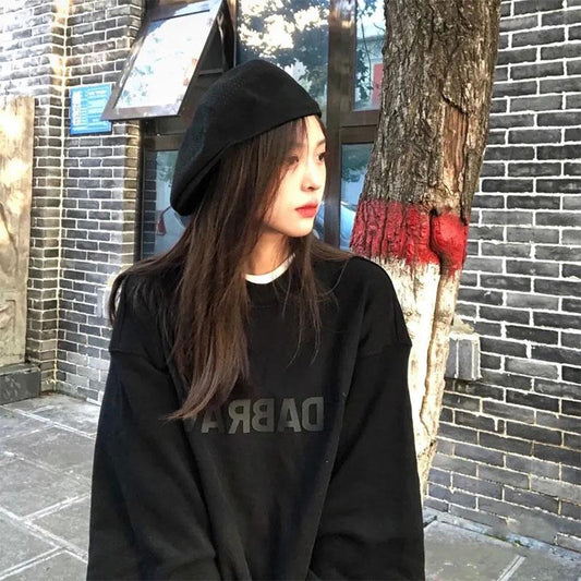 Oversize Sweater Jacket Women's Spring and Summer Loose Retro Hiphop High Street Casual Long-sleeved T-shirt Girls Black Letter Printing Sweater