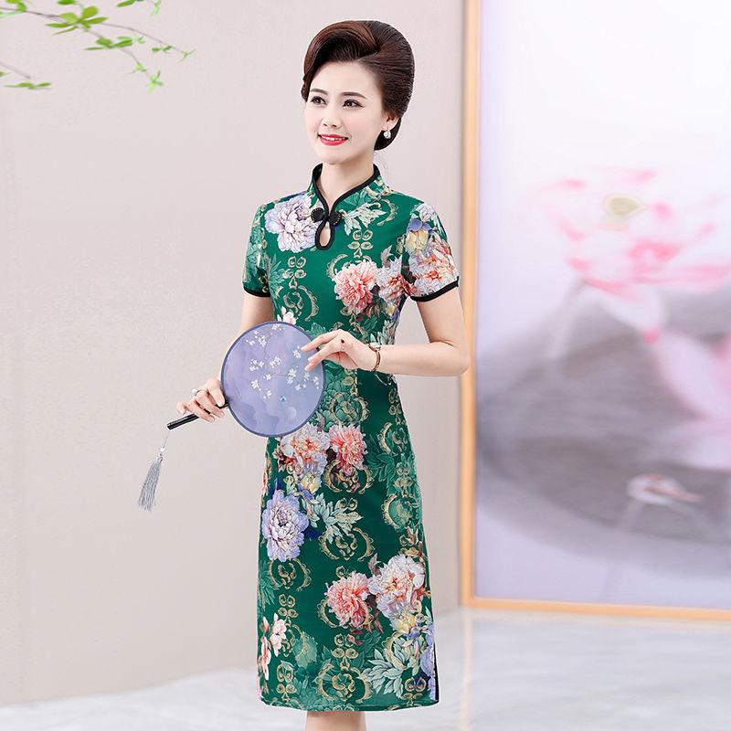 Summer Improved Cheongsam Female Mother Dress Retro Short-sleeved Dress Mid-length Middle-aged and Elderly Printed Cheongsam Dress