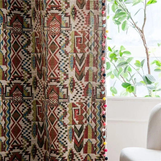 Curtain Finished Jacquard European Country Color Geometric Tassel Bohemian Bedroom Curtain Bay Window Semi-blackout Curtain