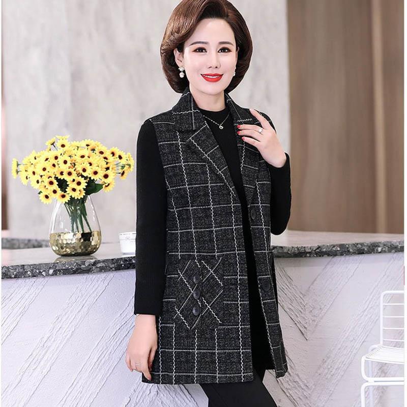 Mom's Autumn Vest Jacket Mid-length Plaid Waistcoat Middle-aged and Elderly Women's Spring and Autumn Woolen Vest