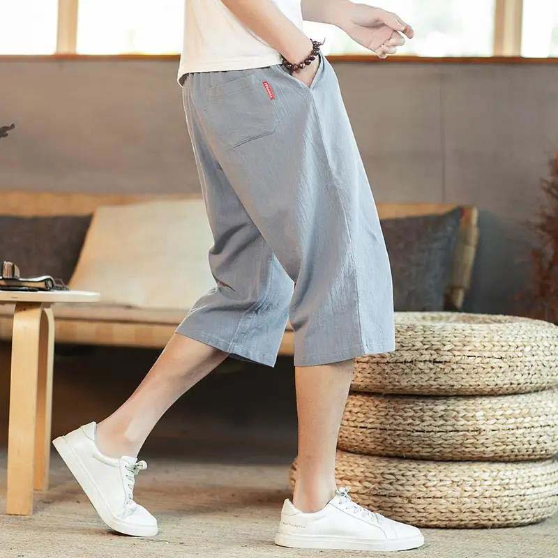 Cropped Pants Men's Linen Shorts Summer Thin Casual Pants Loose Large Size Cotton and Linen Beach Pants