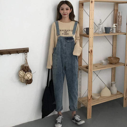 WTEMPO Loose Retro Denim Overalls Women's Slimming High-rise Straight-leg Cropped Pants High-rise Jeans