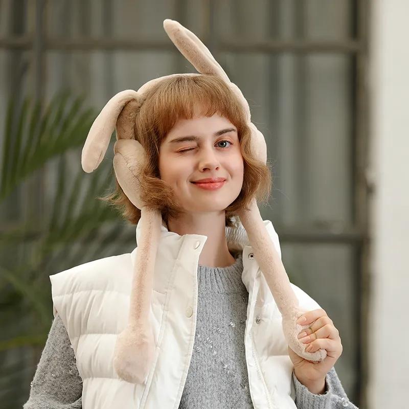 Stand Up Rabbit Ears Earmuffs for Women Cute Long Ears Rabbit Earflap Soft Fur Solid Foldable Ear Warmer Lovely Cartoon Warm Ear Cover Pad