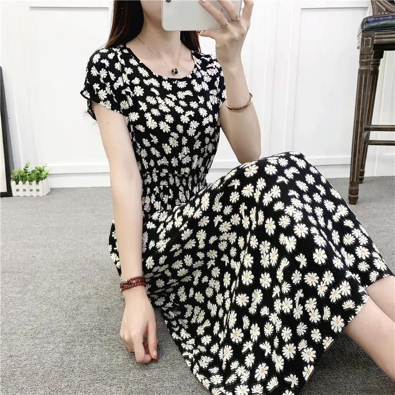 Plus Size Long Dress Casual Comfort Cotton Dresses Daisy Print Short Sleeve Dress Summer