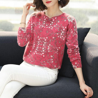 Bohemian Women Short Printed Woollen Sweater Female Rhinestone Soft Sweater  V-neck Jumper Knit Pullover Outwear