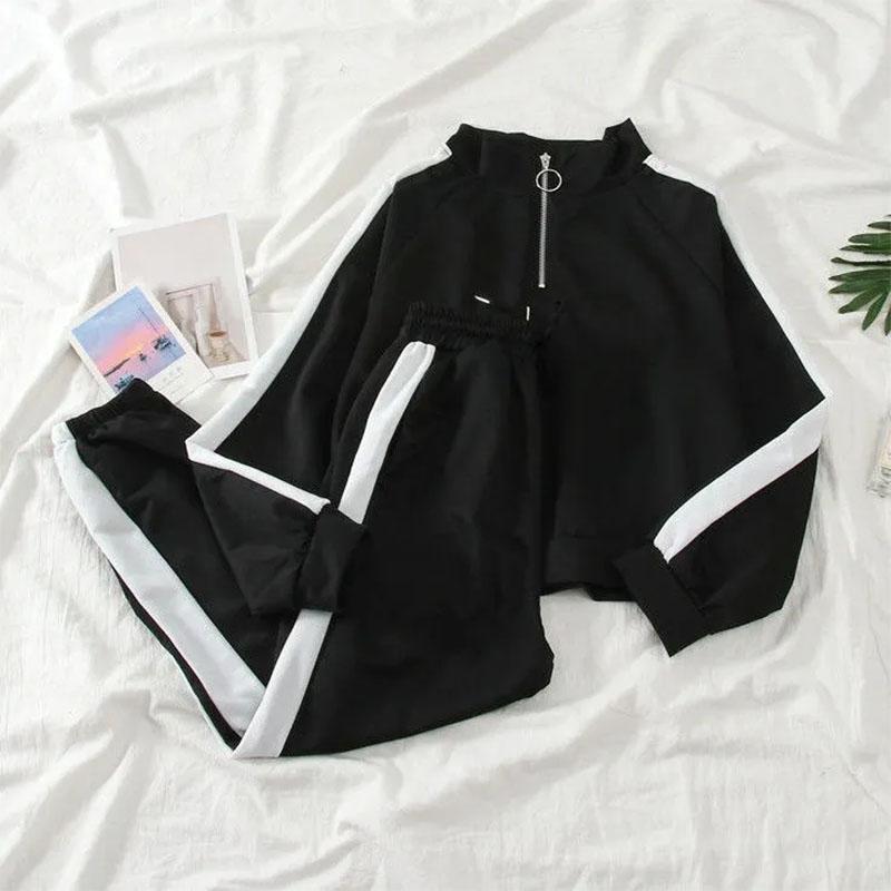 2PCS Women's Sports Suit Autumn and Winter Korean Version Loose Short Zipper Top + Casual Trousers Two-piece Suit Student Hooded Cardigan Coat Suit