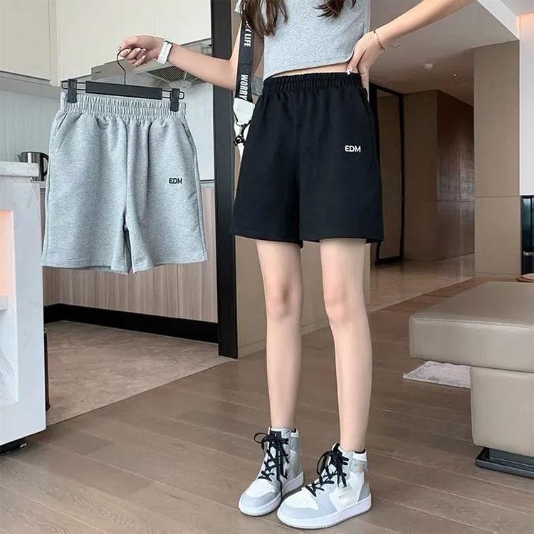 Women's Shorts Summer Letter Embroidered Sports Shorts Loose High Waist Outer Wear Straight Tube Thin Pants Wide Leg Grey Five-point Pants