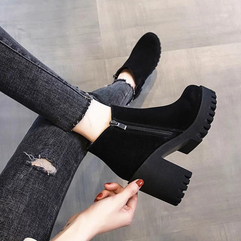 Plush Boots Thick with Nude Boots Autumn Short Boots Female British Style Women's Shoes All-match High-heeled Martin Plus Velvet Boots