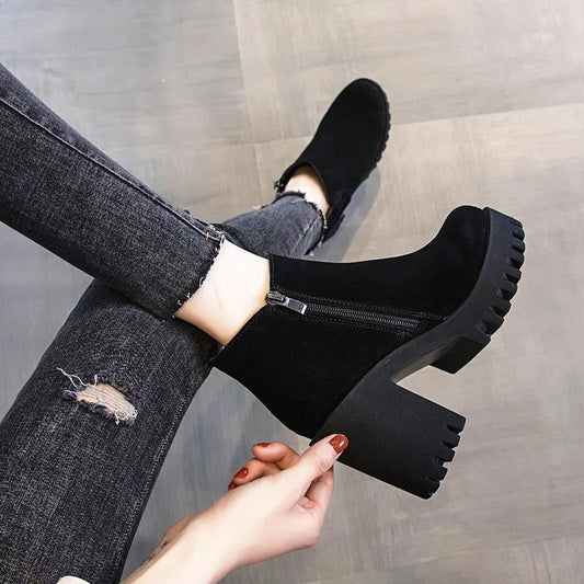 Plush Boots Thick with Nude Boots Autumn Short Boots Female British Style Women's Shoes All-match High-heeled Martin Plus Velvet Boots