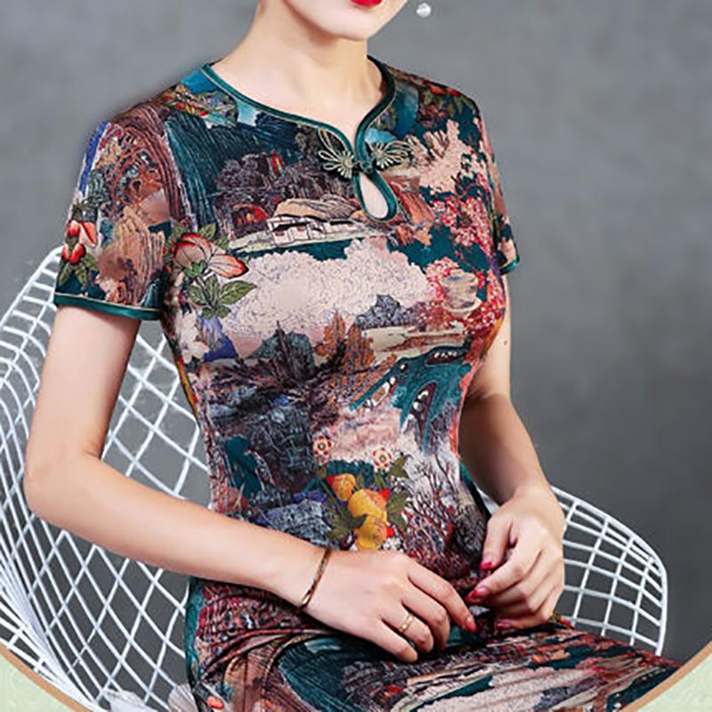 Cheongsam Female Summer Plus Size Mother Dress Daily Improved Version Low-collar Cool Cheongsam Dress Female Thin Section