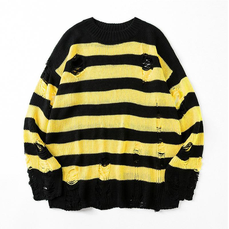 Couple Sweater Loose Lazy Trend Knit Bottoming Hole Men's Sweater Gothic Emo Punk Grunge Ripped Striped Sweater