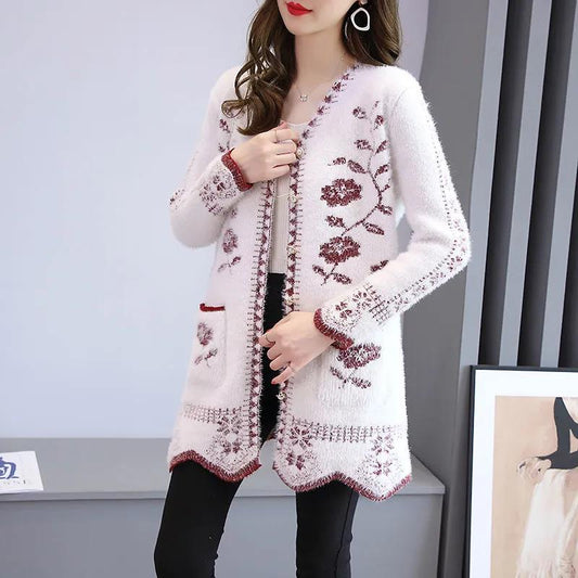 Cardigan Sweater Women's Knitted Sweater Jacket Spring and Autumn Sexy Mid-length Slim-fit Imitation Mink Jacket