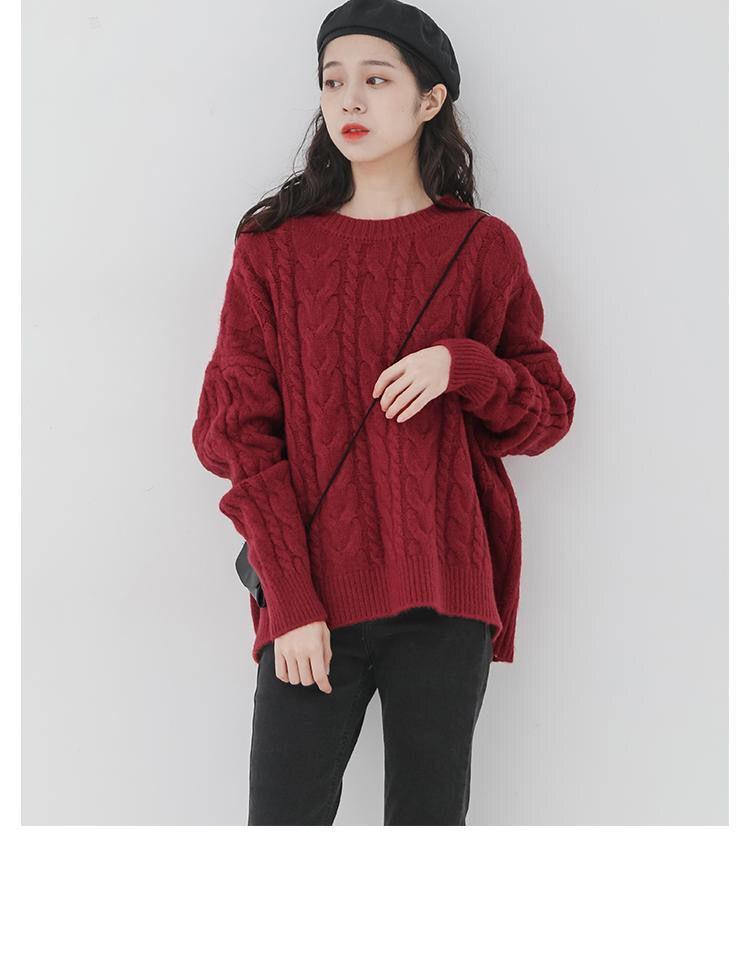 Autumn and Winter Loose Sweater Red Round Neck Pullover Coat Knitted Large Size Simple Young Women's Top