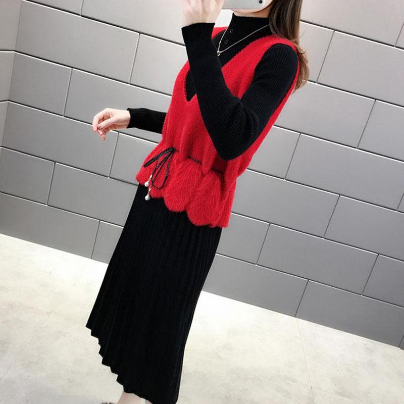 Women's Sweater Dress Set Autumn Waist Knit Mohair Vest and High Neck Slim Sweater Dress Two-piece Suit Ladies Outfits