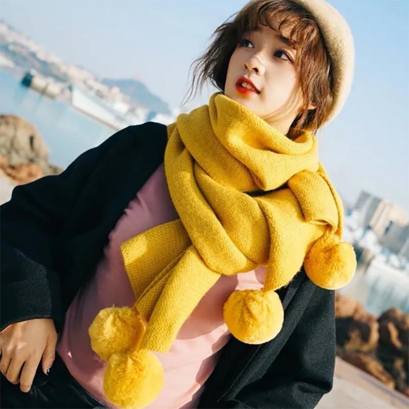 Scarf Female Winter Fall Winter Female Solid Color Student White Hanging Ball Knitted Wool Winter Girl Bib