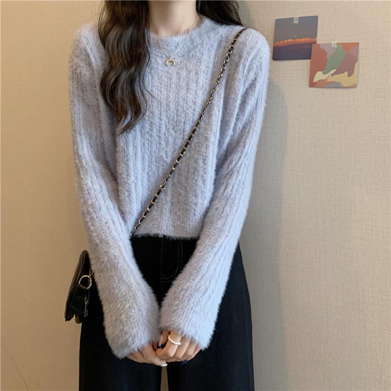 Pink Sweater Women Knitted Pullover Sweater O Neck Long Sleeve Loose Casual Jumper Furry Fall Winter Women Sweater Cropped Tops Short Clothes