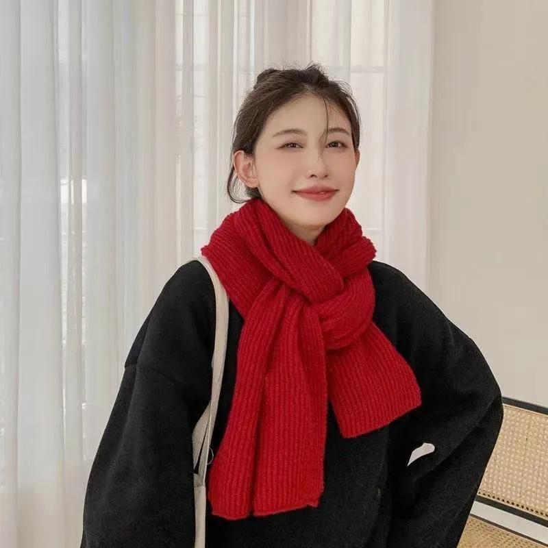 Women's Winter Knitted Scarf Pure Color Cashmere Thickened Warm Scarf Korean Simple Style All Match Wrap Shawl Neck Cover Long Handmade Neckerchief