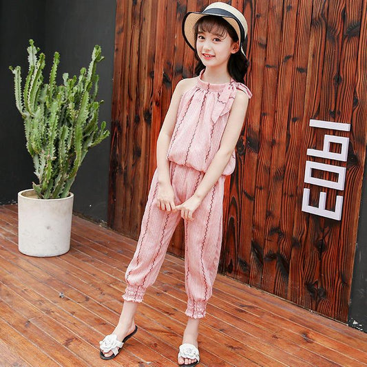 Girls' Suit Summer Thin Korean Vertical Stripe Printing Two Piece Set Bow Top Capris Casual Wear Breathable