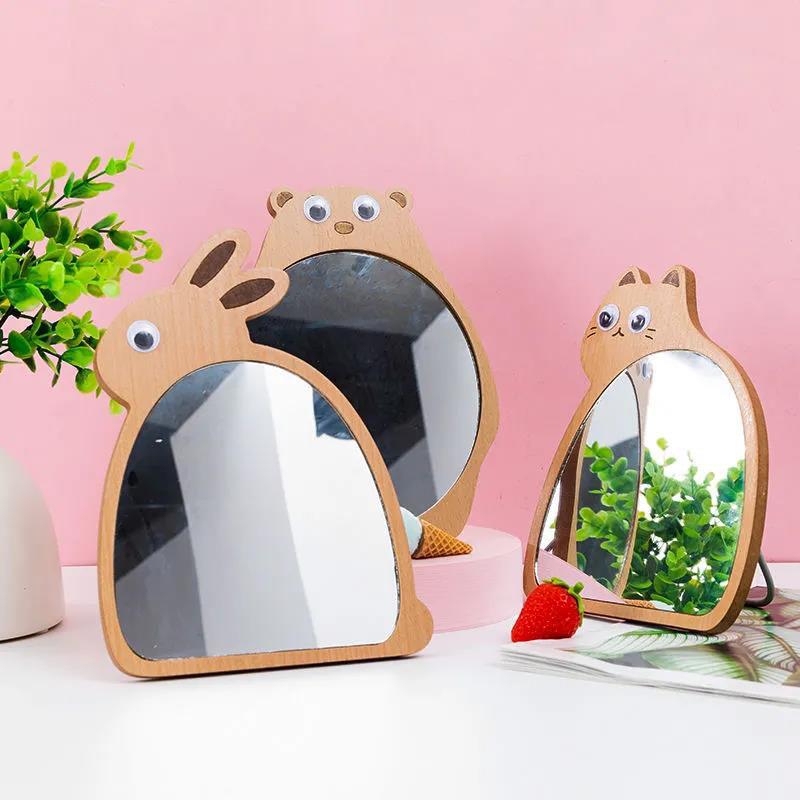 Women Animal Wooden Mirror Desktop Portable HD Thin Light Travel Out Household Essentials Single-sided Makeup Mirror Foldable