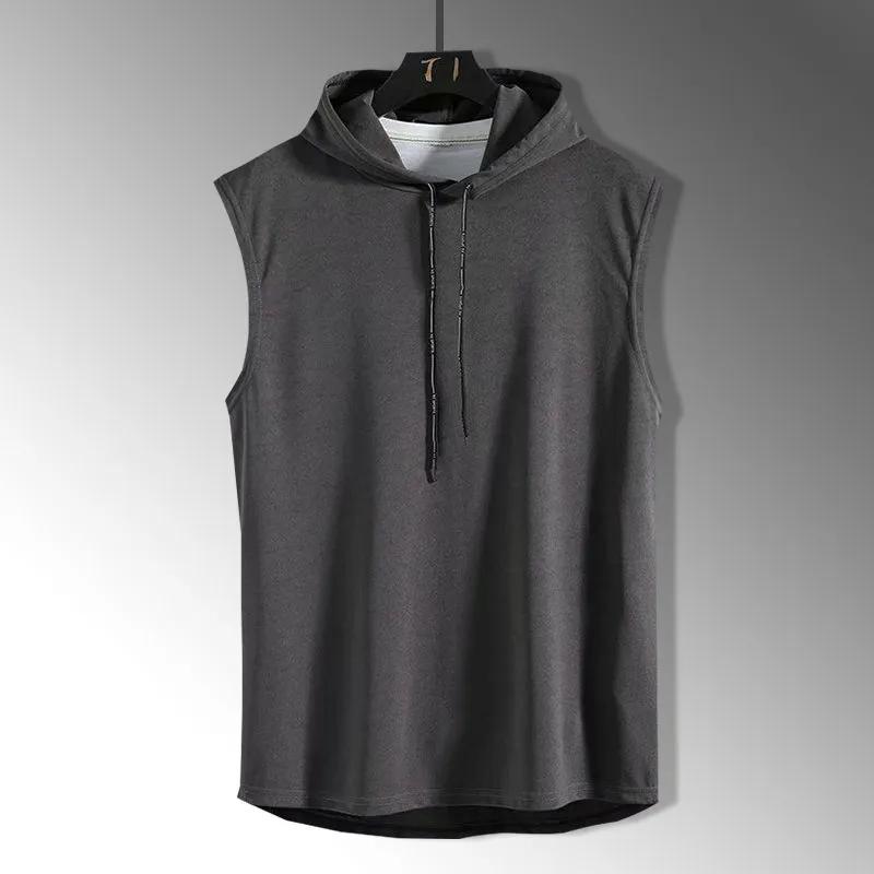 Sleeveless Vest Men's Summer Ice Silk Solid Color Shirt Waistcoat Seamless Hooded Top Youth Thin Fitness Undershirt