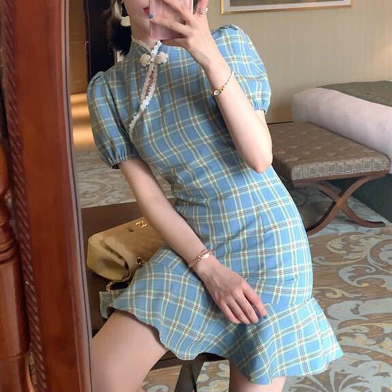 Improved Version of Cheongsam Female Summer Puff Sleeve Retro Plaid Dress with Waist and Thin Temperament Chinese Style