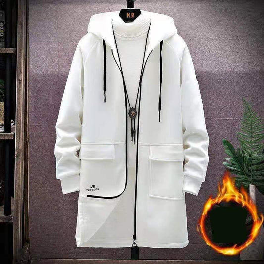 Windbreaker Men's Autumn and Winter Jacket Plus Velvet Thick Mid-length Korean Style Trendy Handsome One Set