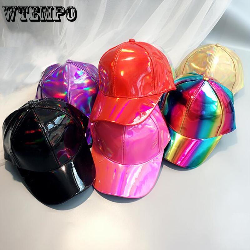 Women Men Color Gradient Shiny Metallic Laser Leather Snapback Baseball Caps