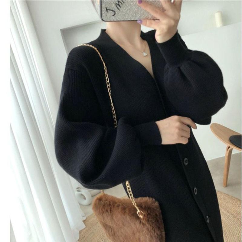 Autumn and Winter Casual French Dress INS Style V-neck Lantern Sleeve Bottoming Dress Fashionable Knitted Female Sweater Dress