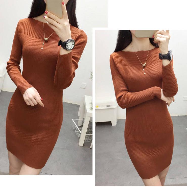 Women Sweater Dress Long Autumn Winter Thick Warm Female Knitted Dresses Slim Soft Rib Jumper