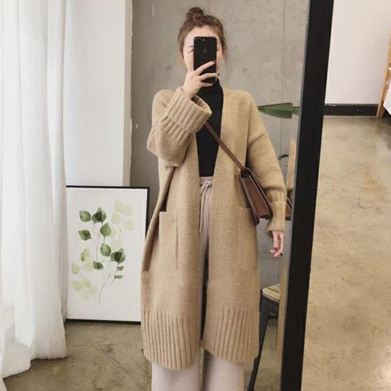 Autumn and Winter Casual Loose Sweater Mid-length Knitted Cardigan Jacket Fashion Solid Color Female Coat