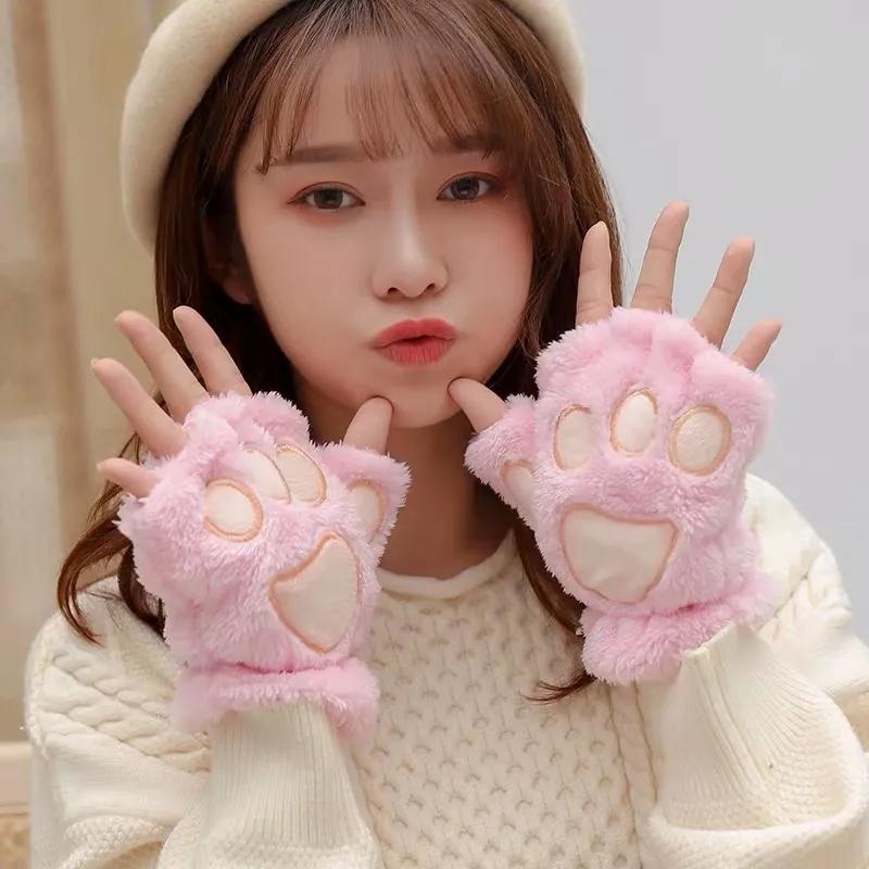 Women's Winter Cartoon Cute Cat's Claw Gloves Korean Style Plush Mittens Plus Velvet Thickening Warm Half-finger Gloves Writing Office Gloves