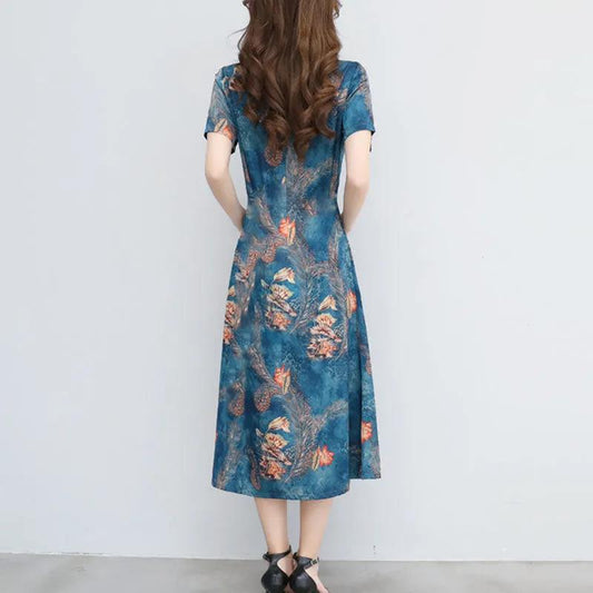 Retro Print Short-sleeved Dress Women Summer Plus Size Mid-length A-line Dress