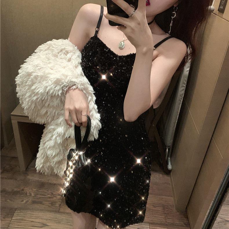 Women's Summer Open Back Solid Color Slim Fit Flash Sequin Suspender Hip Wrap Short Dress