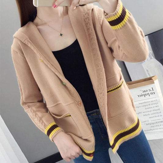 Spring and Autumn Knitted Cardigan Sweater Loose Hooded Large Size Top Short Color-blocking Women's Jacket