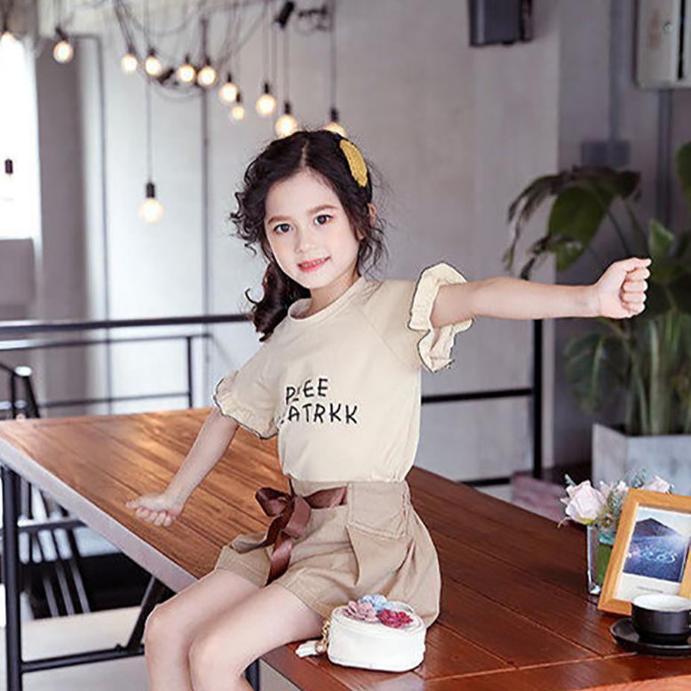 2PCS Children Clothing Set Spring Summer Solid Color Girls Suits Printing Short Sleeve Tops + Short Clothing Set