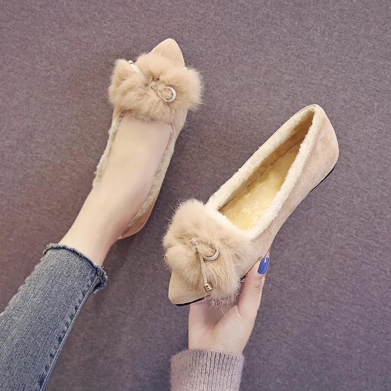 Temperament Plush Shoes Women Winter Moccasin Shoes All-match Autumn Flat Single Shoes Plus Velvet Pedal Peas Shoes