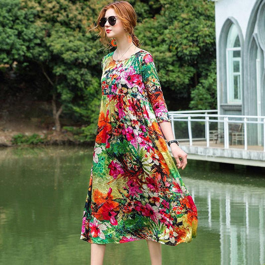 Printed Dress Women's Spring and Summer High Waist Loose and Thin Large Swing Dress Holiday