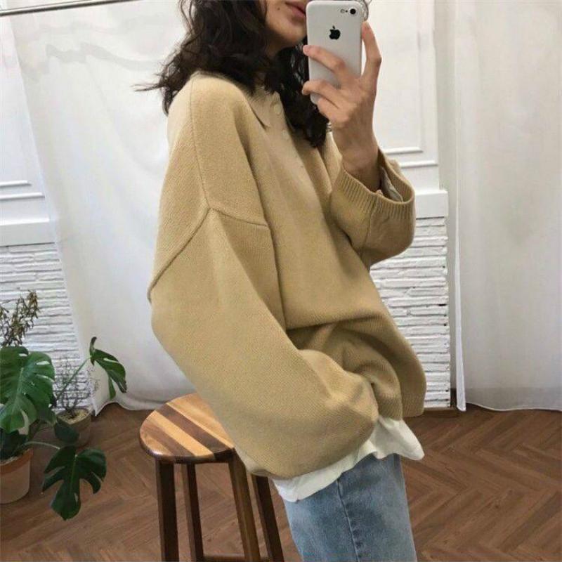 Pofulove Autumn Winter Mid-length Sweater Loose Solid Color POLO Collar Sweater Jacket Female