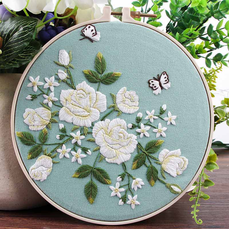 Floral Hand Cross Stitch Embroidery Cloth Starter Kits Needlepoint Color Threads Bamboo Hoop DIY