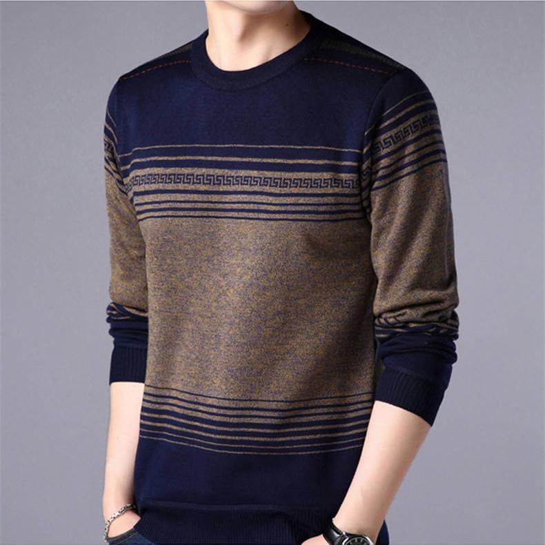 WTEMPO Men Pullover Cashmere Padded Warm Shirt Round Neck Striped Shirt Winter Soft and Comfortable Pullover