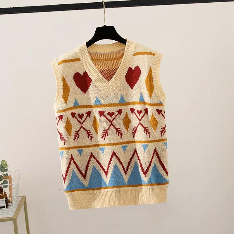 Retro Diamond Loose Knit Vest Women Spring and Autumn Stacking Sleeveless V-neck Vest Sweater