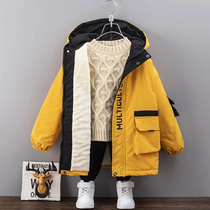 Boys Plus Fleece Padded Jacket Autumn and Winter Quilted Big Boy Handsome Mid-length Cotton Coat Children's Warm Windbreaker Jackets