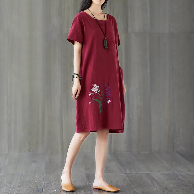 Women's Summer Cotton Hemp Loose Large Size Embroidered Dress Short Sleeve Solid Color Casual Mid-length Dress