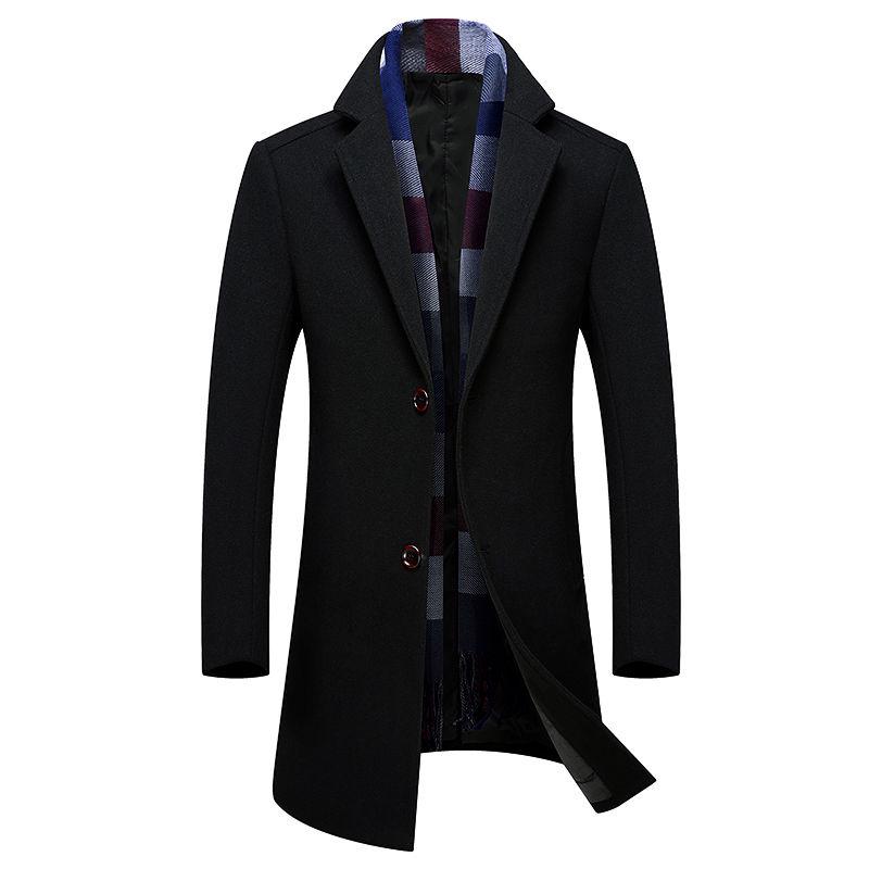 Men's Wool Coat Winter Warm Solid Color Long Trench Jacket Male Business Casual Overcoat Parka