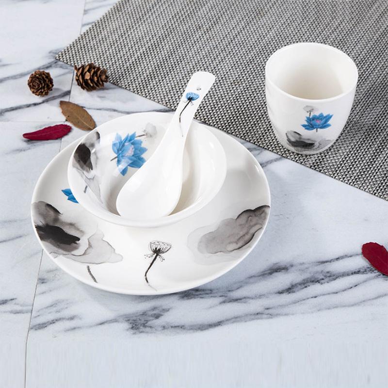 Chinese-style Hotel Tableware Four-piece Set of Bone Dish Fin Bowl Teacup Spoon Landscape Painting Ceramic Tableware