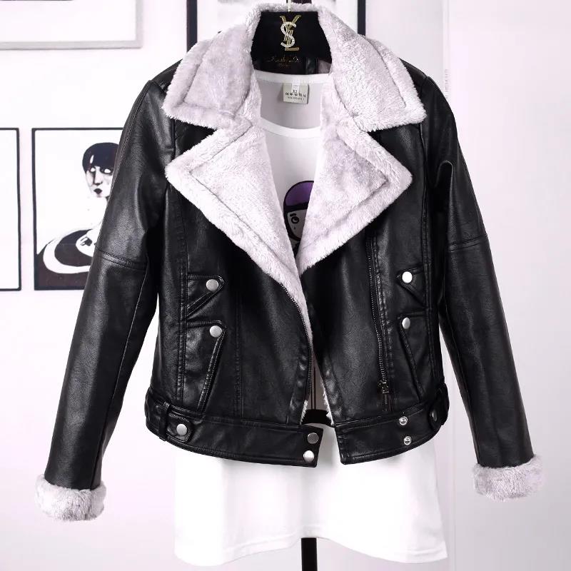 Faux Fur Coat Women Short Slim Plus Velvet Thick Warm Leather Jacket Student Motorcycle Black Autumn and Winter Fur Collar Ladies Jackets