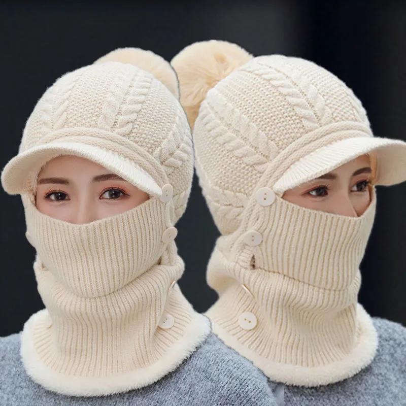 Hat Women's Winter Warmth and Thickened Cycling Wool Knitted Hat All-match Cold-proof Plus Velvet Outdoor One-piece Hat