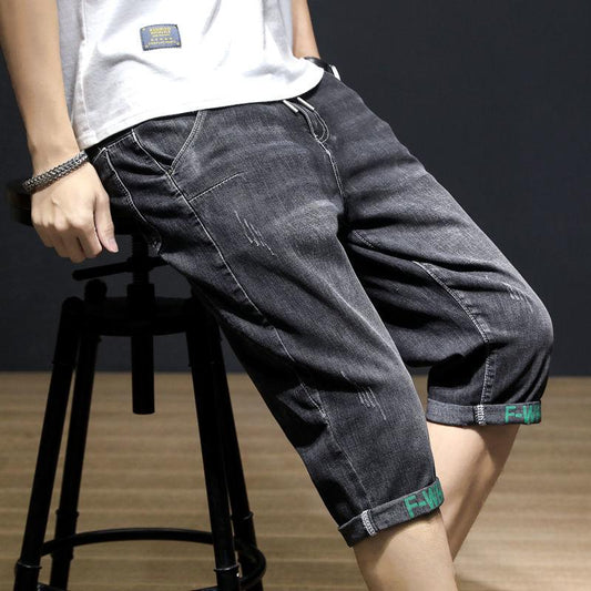 Men's Stretch Denim Shorts Summer Thin Section Straight Slim Trend Casual 7-point Pants