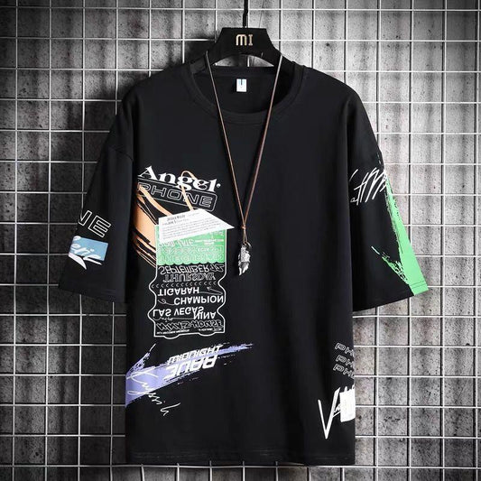 Summer Print T-shirt Men's Short-sleeved Trend Graffiti Pattern Five-point Sleeve Loose T-shirt