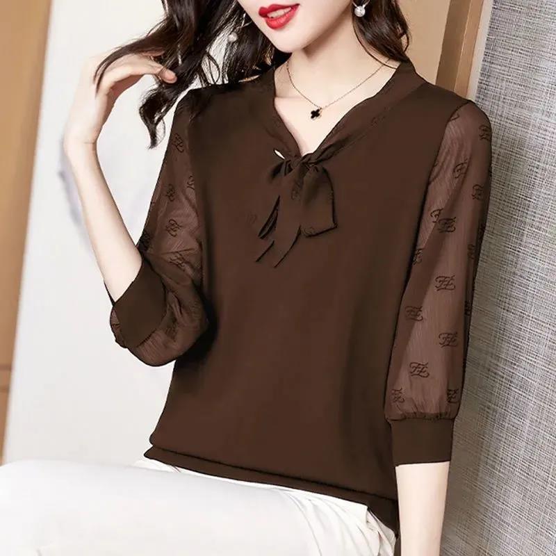 New Chiffon Blouse Office Lady Fashion Tops Sweet Bow Women  Casual Long Sleeve Summer  Pullover